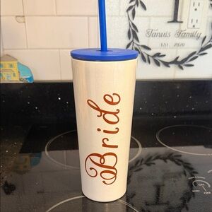 Bride Glitter White Tumbler with Blue Lid and Straw